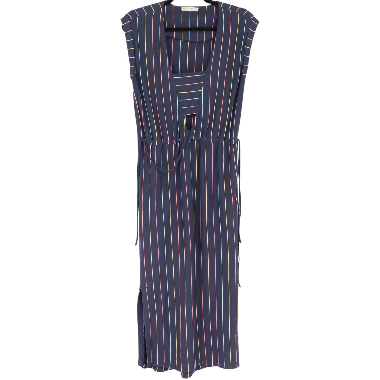 Marine Layer Roxanne Navy Striped Maxi Dress Size S Sleeveless Drawstring Slit