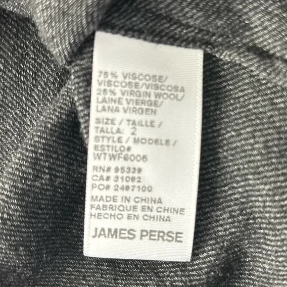 James Perse Charcoal Virgin Wool Blend Long Sleeve Shirt Dress SZ 2 (US M)NWOT