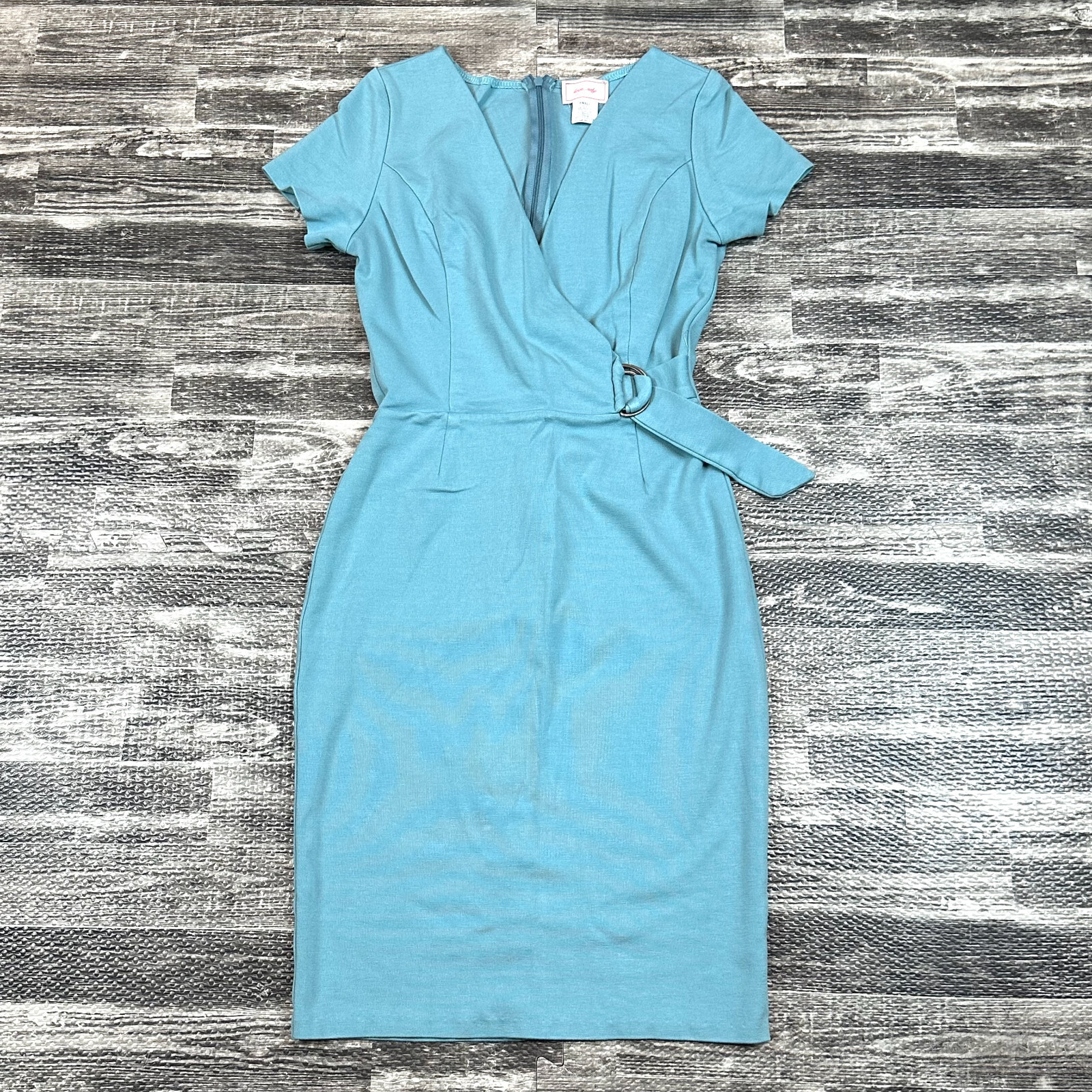 LOVE ADY Womens size S Ponte V Neck Faux Wrap Crossover Bodycon Pencil Dress