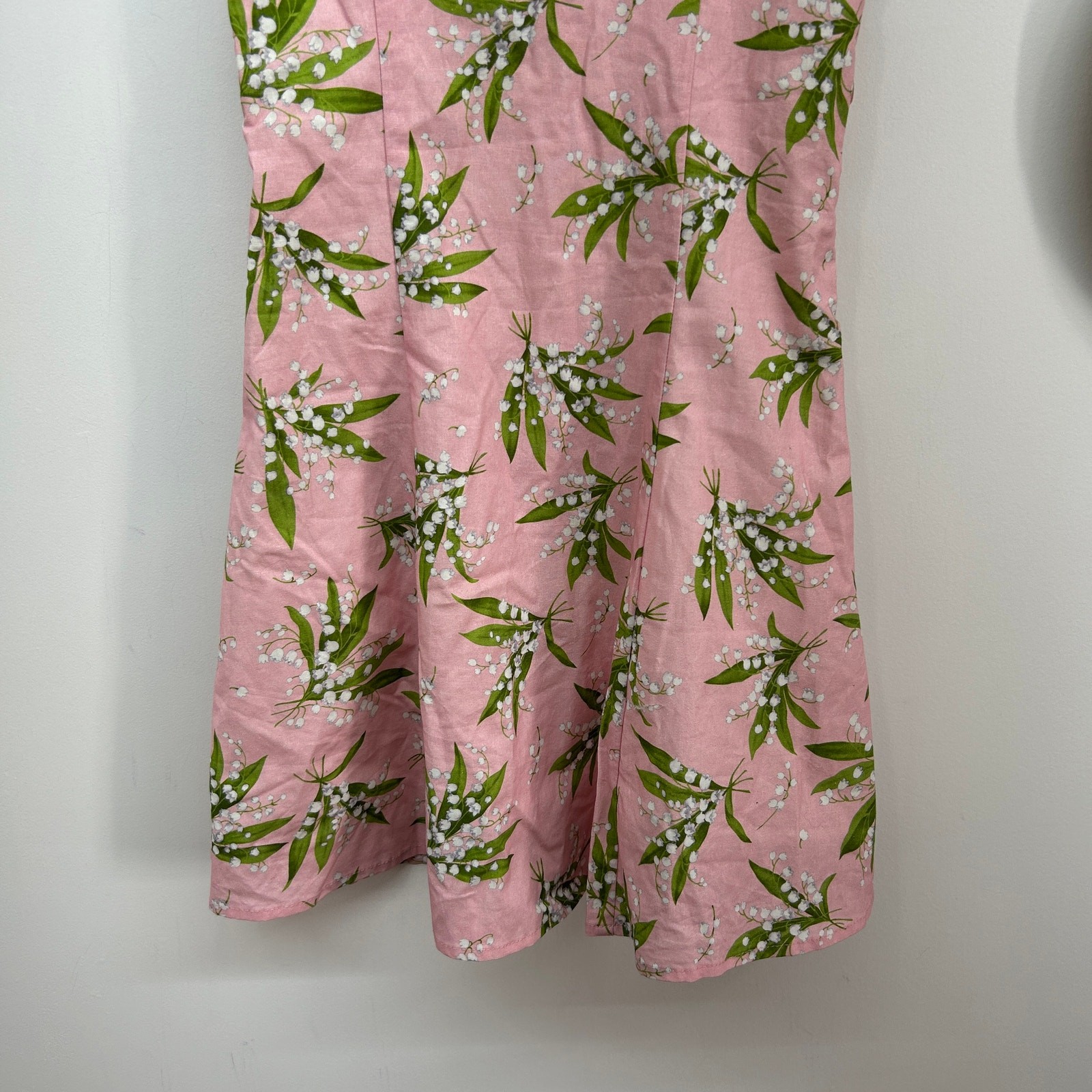 NEW Lacemade Pink Green Leaf Print Lined Lace Trim Sleeveless Mini Dress XS