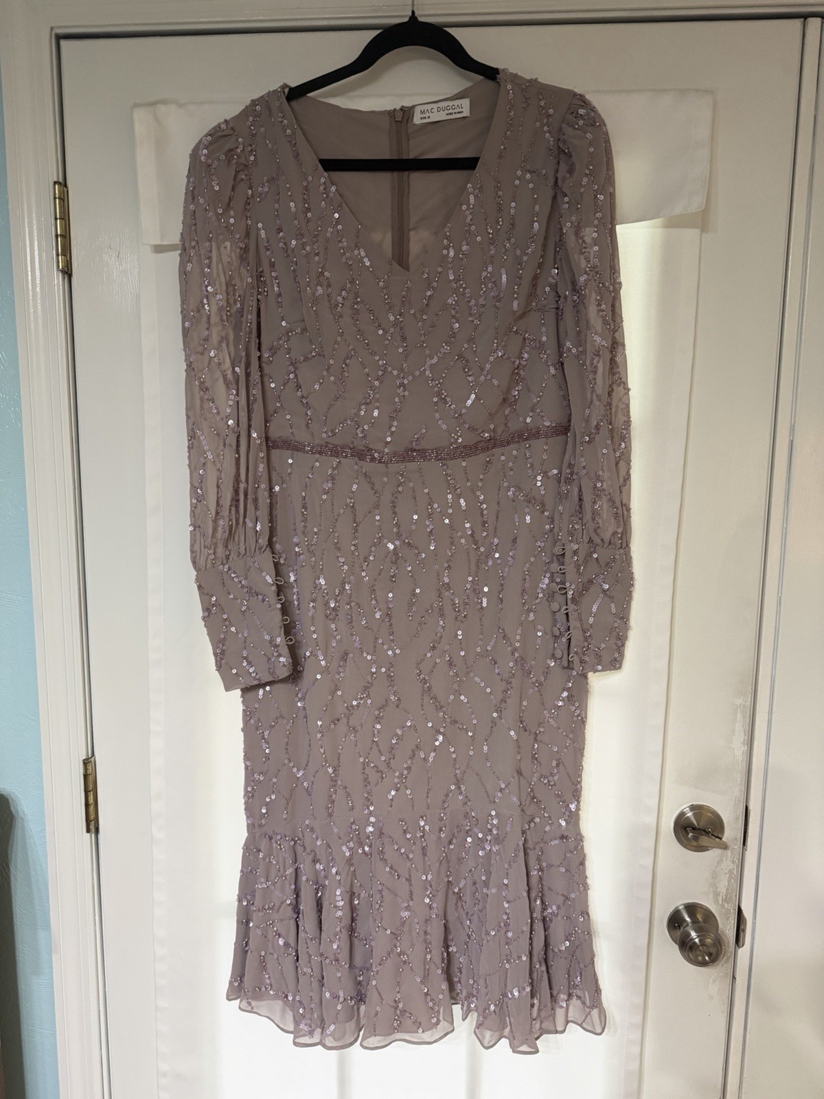 MAC DUGGAL 10767 SEQUINED ILLUSIONS LONG VINTAGE LILAC TRUMPET MIDI DRESS 10