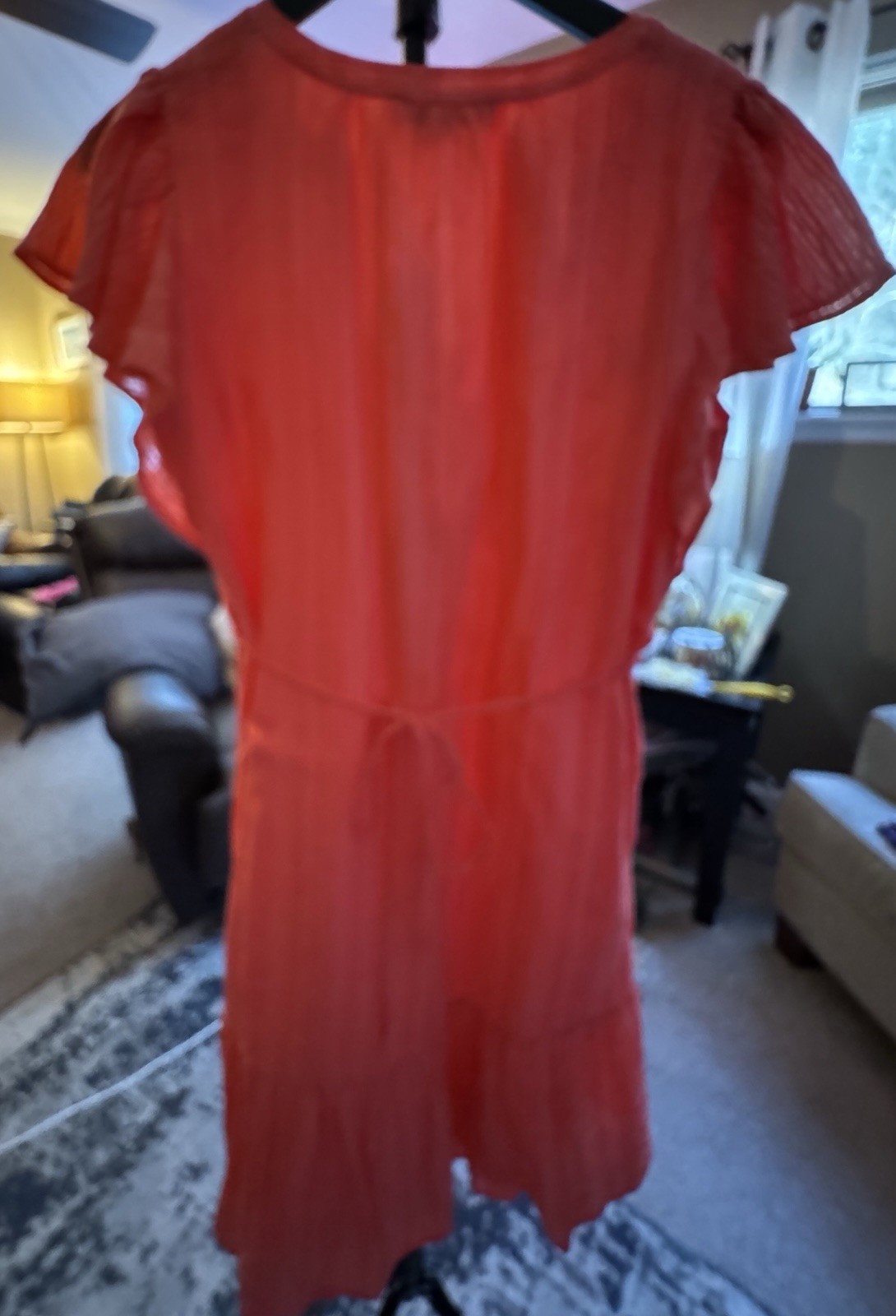 Loft Lightweight Lined Orange Ruffle Sleeve V Neck Dress Medium
