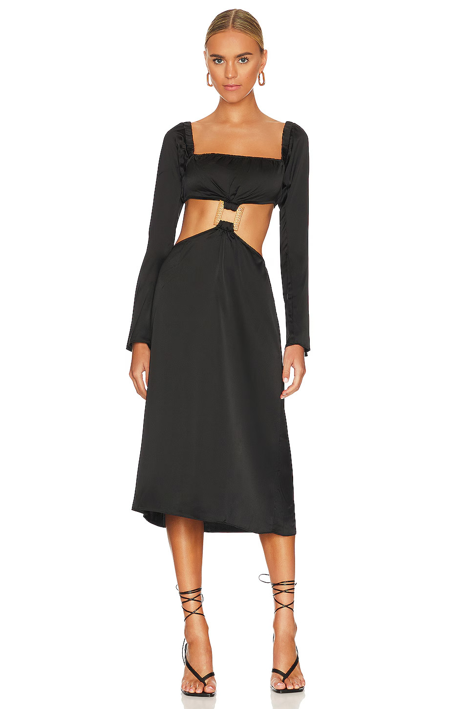 WE WORE WHAT Black Cut-Out Elastic Waist Raffia Buckle Accent Midi Dress S = 4/6