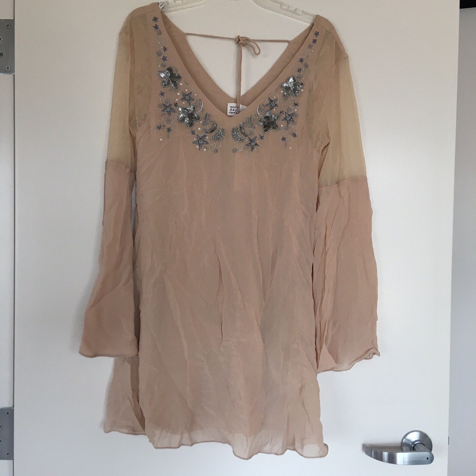 Some Days Lovin Sheath Dress XS Pale Pink Bell Sleeve Beading Sequined Decals