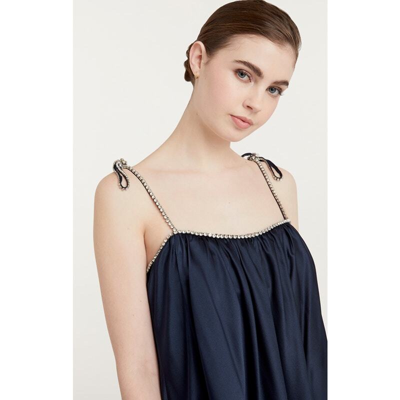 CINQ A SEPT Rhinestones Pleated Hook And Eye Silk Muni Dress Navy Size 8 NWOT
