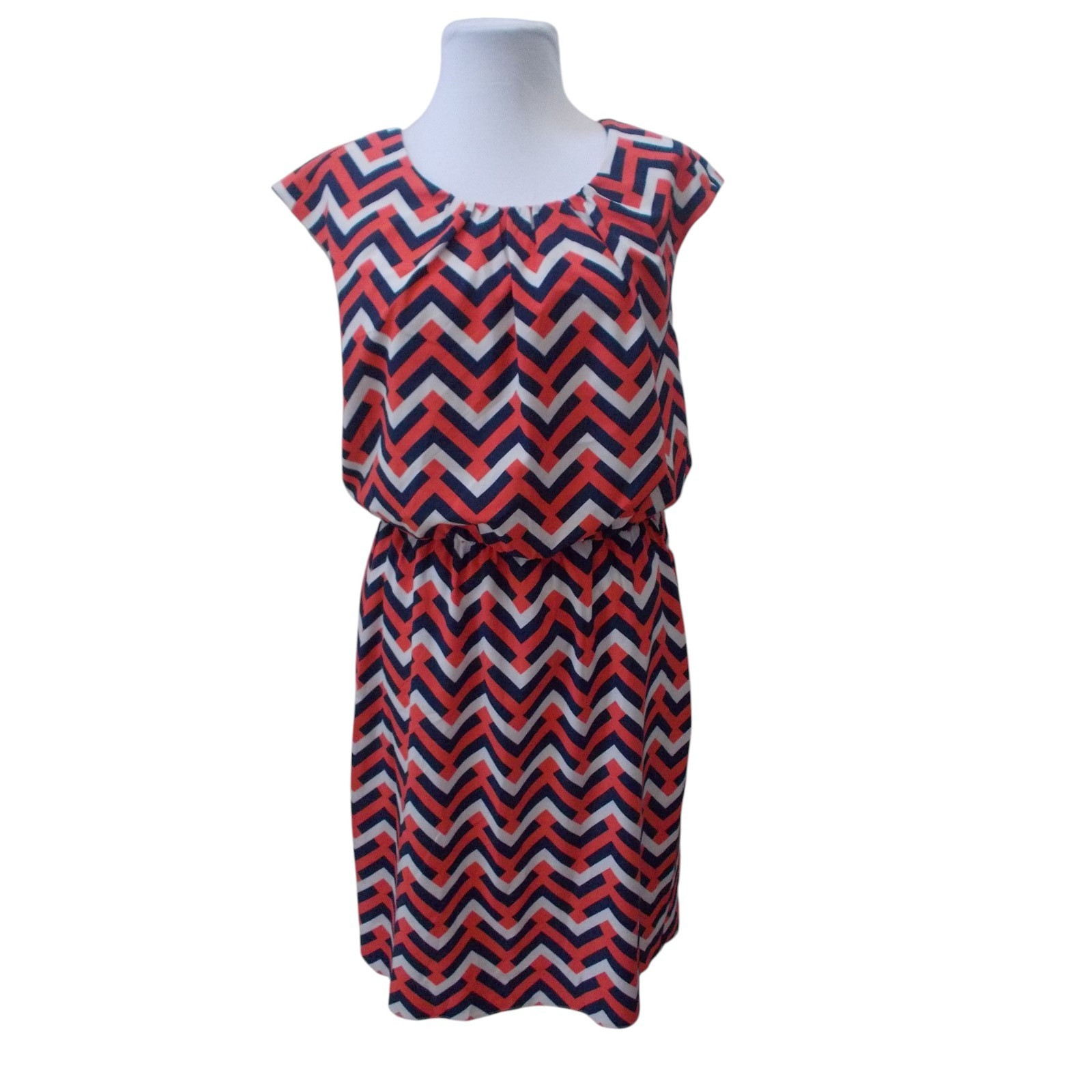 SIGNATURE by ROBBIE BEE Orange Blue White Chevron Print Cap Sleeve Dress Sz 8