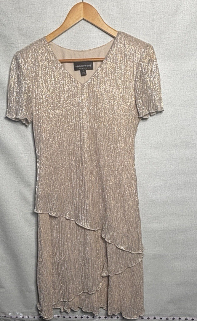 Connected Apparel Metallic Shimmer Overlay Dress Women’s Size 6 Champagne