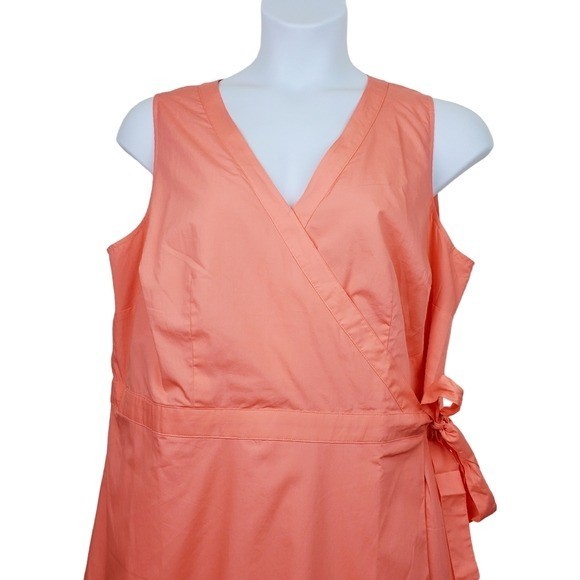 Talbots Sleeveless Peachy Orange V-Neck Poplin Wrap Midi Dress Size 14W NWT