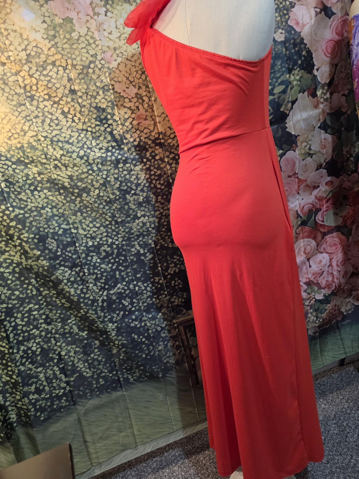 SHEIN Red One Shoulder Ruffle Ruched Chiffon Maxi Dress Women’s Size 4