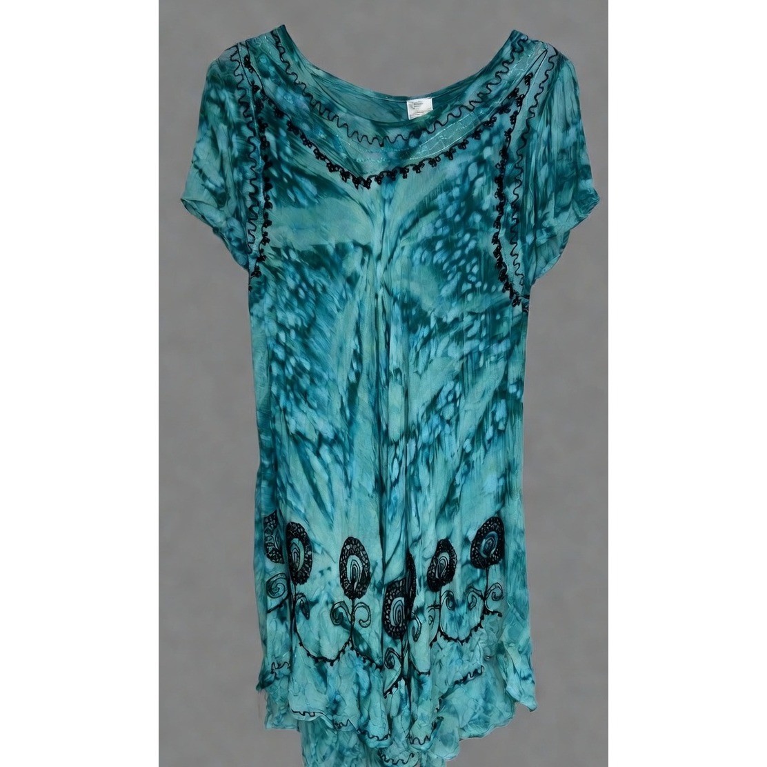 Asha Tunic Dress Women Tie Dye OS Teal Embroidered Sequin Boho Hippie Summer