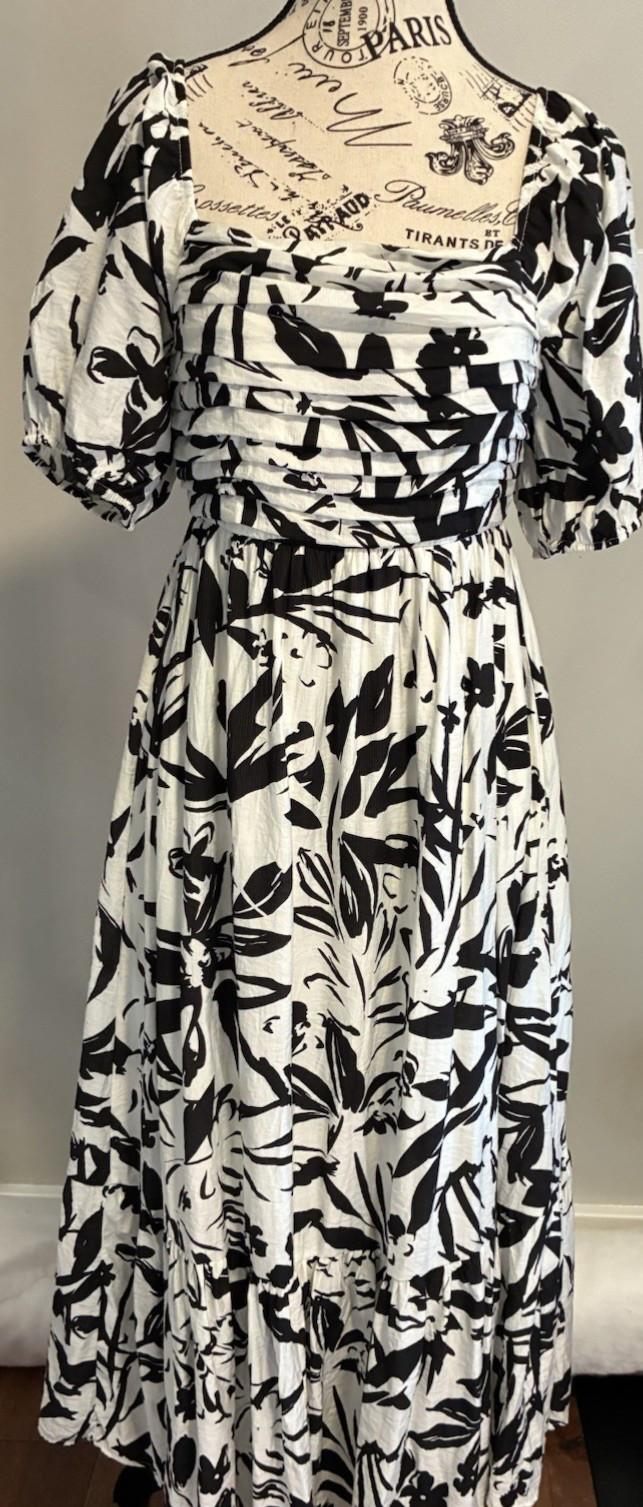 By the River Black and White floral bohemian style maxi dress. Size S. EUC