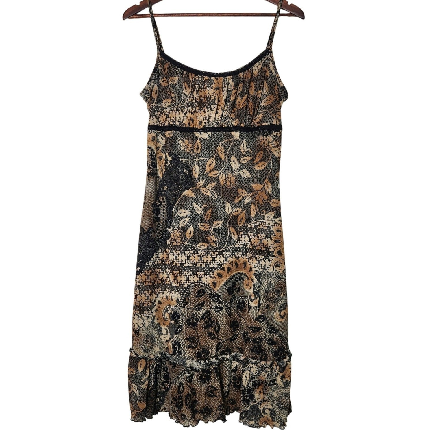 Y2K Mesh Floral Babydoll Midi Dress Sz L Brown Dark Fairy Grunge Boho Country