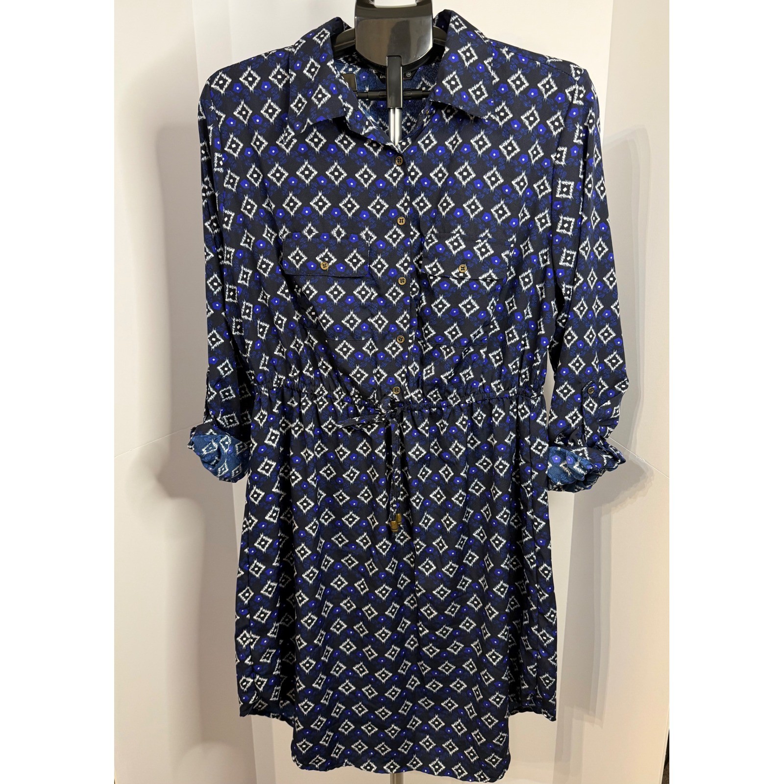 Indulge in Style Wms 1X Blue Ikat Print Button Front Shirt Dress Roll Tab Sleeve
