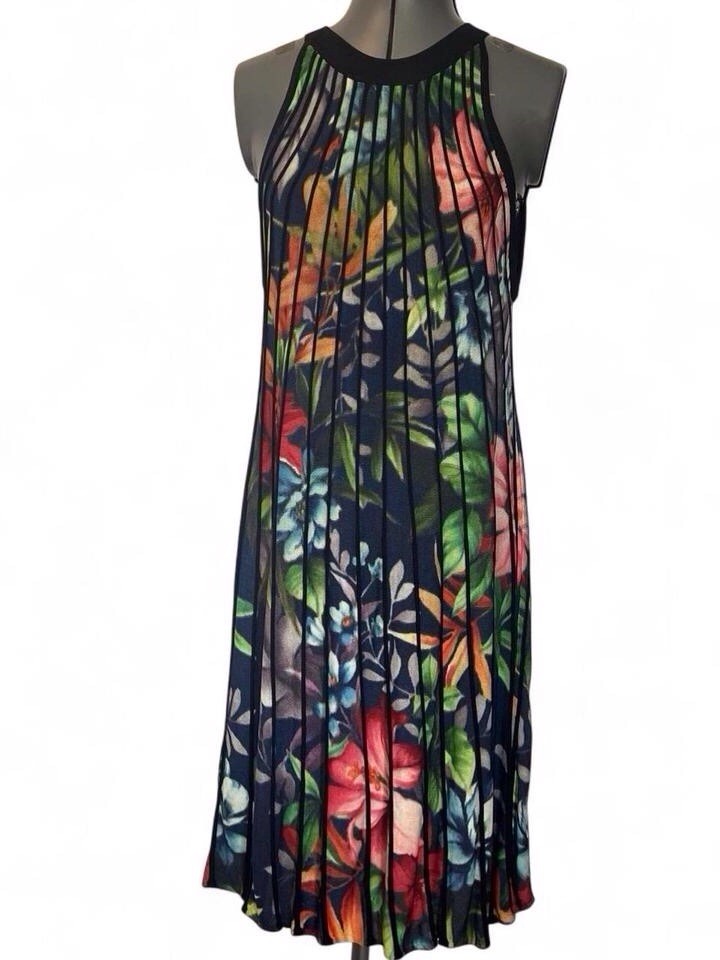 Desigual Brazil Floral Pleated Midi Dress Multicolour Sleeveless Size M Fits 12