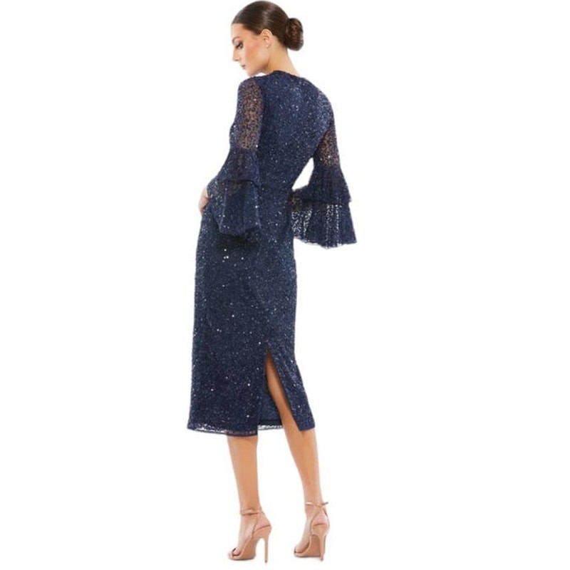 Mac Dugga NEW Blue Sequined Ruffle Sleeve Midi MOB Formal Dress 10802 Size 6
