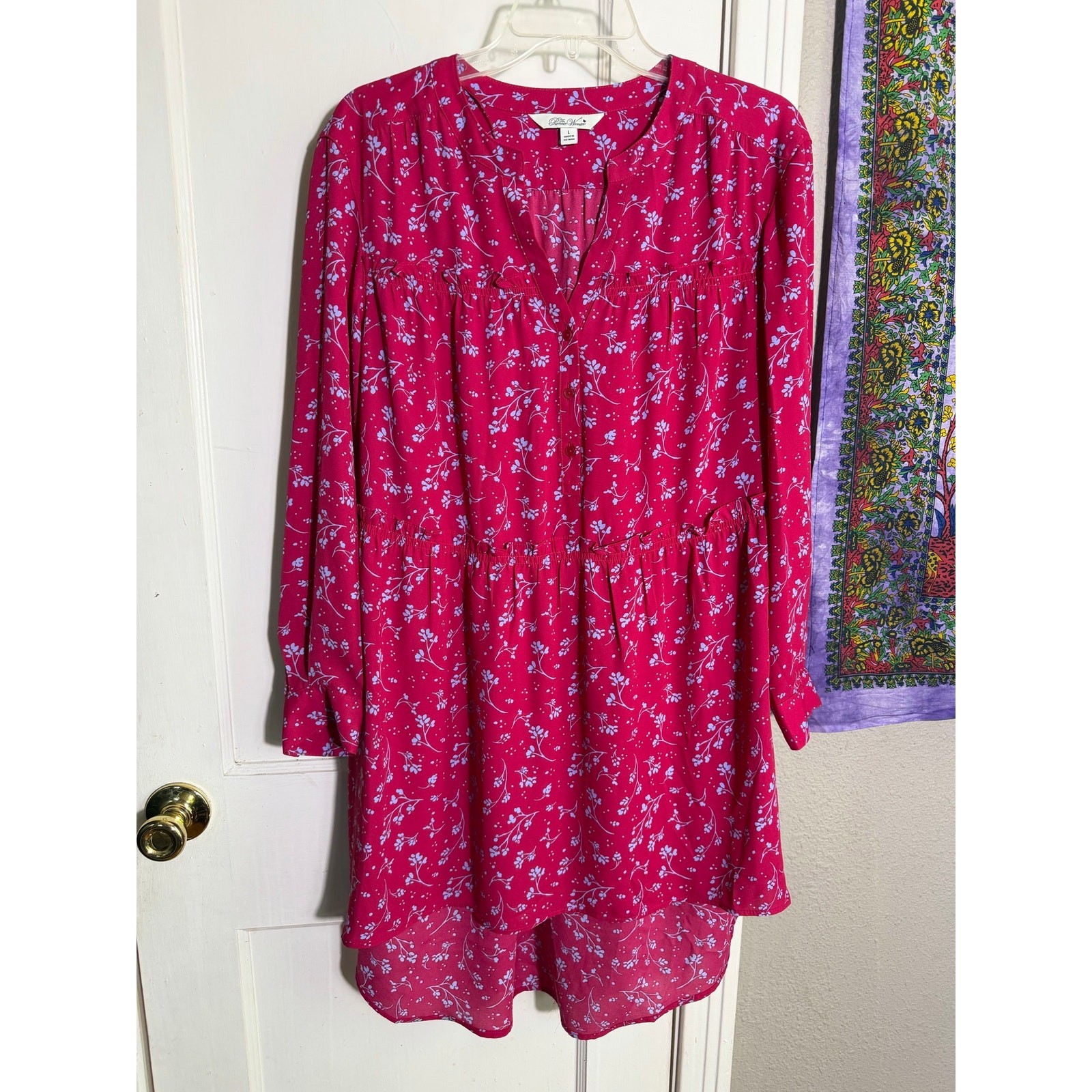 The Pioneer Woman Pink Floral Tiered Tunic Dress Large Boho Long Sleeve