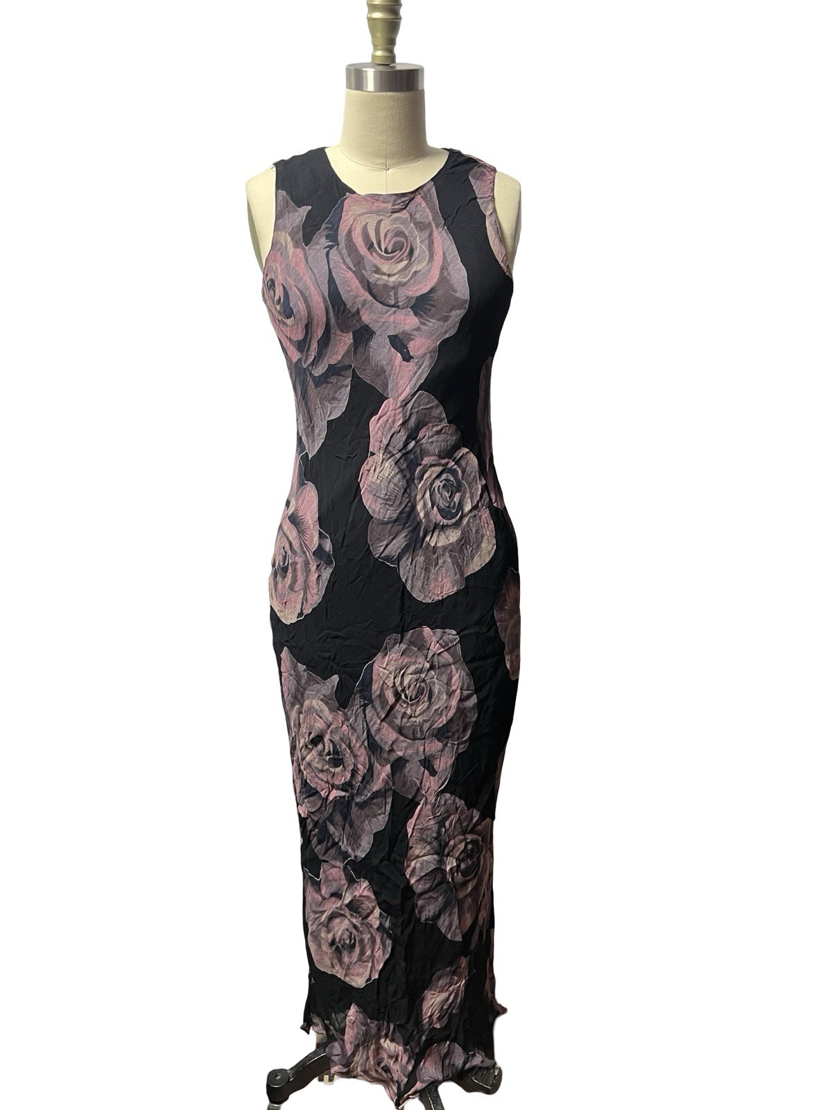 Vintage Nostalgia 90s Y2K bias cut Black Purple floral maxi dress rayon sz S