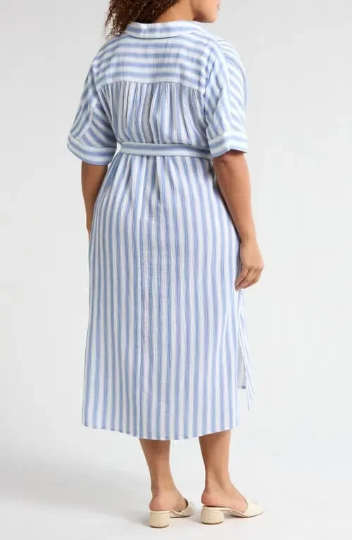 Caslon Stripe Shirt Dress Womens Medium Blue White Belted Coastal Midi NWT