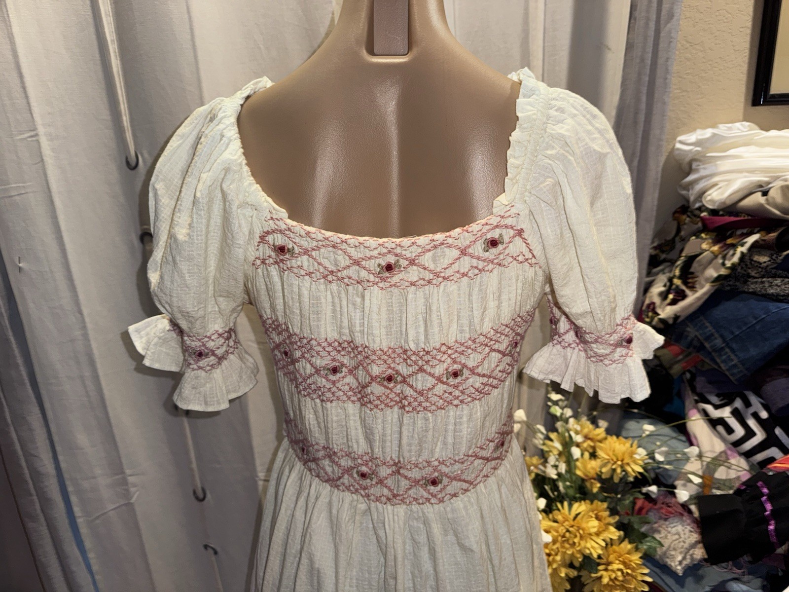 Ivy City Co. Embroidered Smocked Midi Dress Medium Ivory Romantic Cottagecore