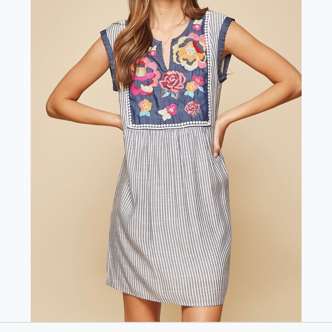Savanna Jane Womens Small Mini Dress Tunic Blue Stripe Embroidered Flower Bib