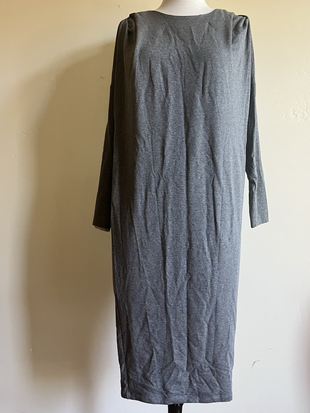 Nadia Tarr Classic Gray Stretch Jersey Midi Bodycon Dress with Long Sleeves