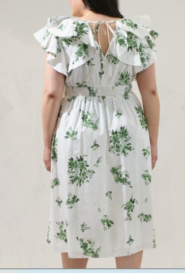 SugarLips Ria Floral Santana Tie Back Midi Emerald White Dress Plus Size 2X