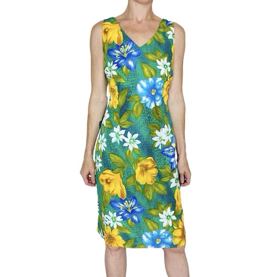 Vintage Sag Harbor Green Blue Yellow Tropical Floral Abstract Sleeveless Dress