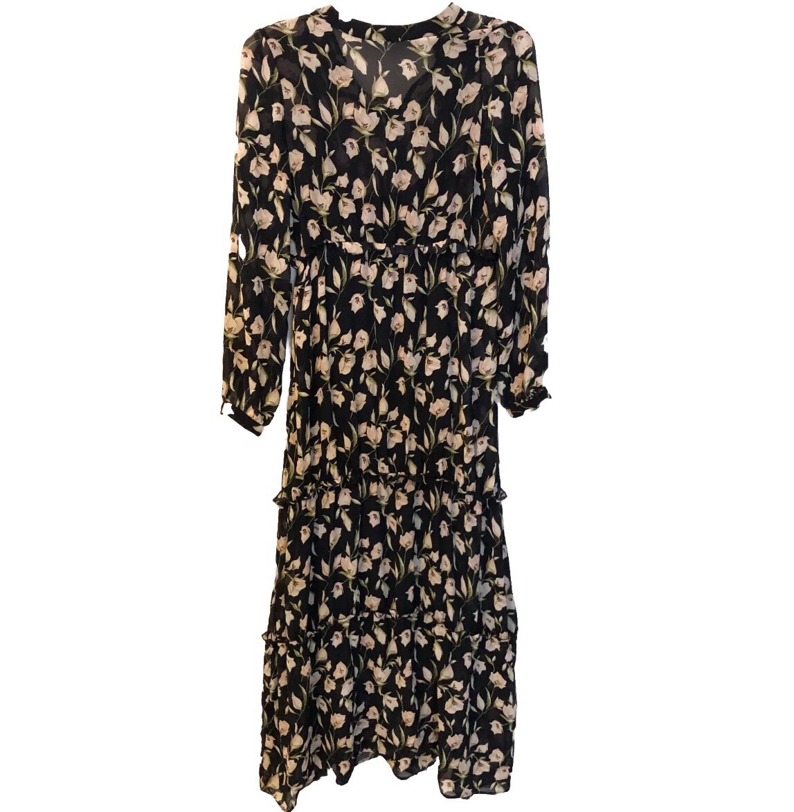 Vila Vimerle Women Black Floral Midi Dress Size 36 = S = 6 Ruffle Long Sleeve
