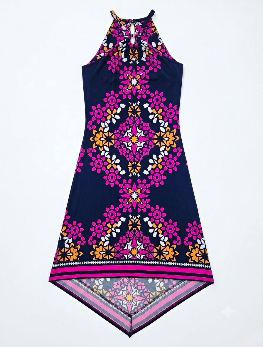 INC Geometric O-Ring Halter High Low Maxi Dress Pink Navy Small