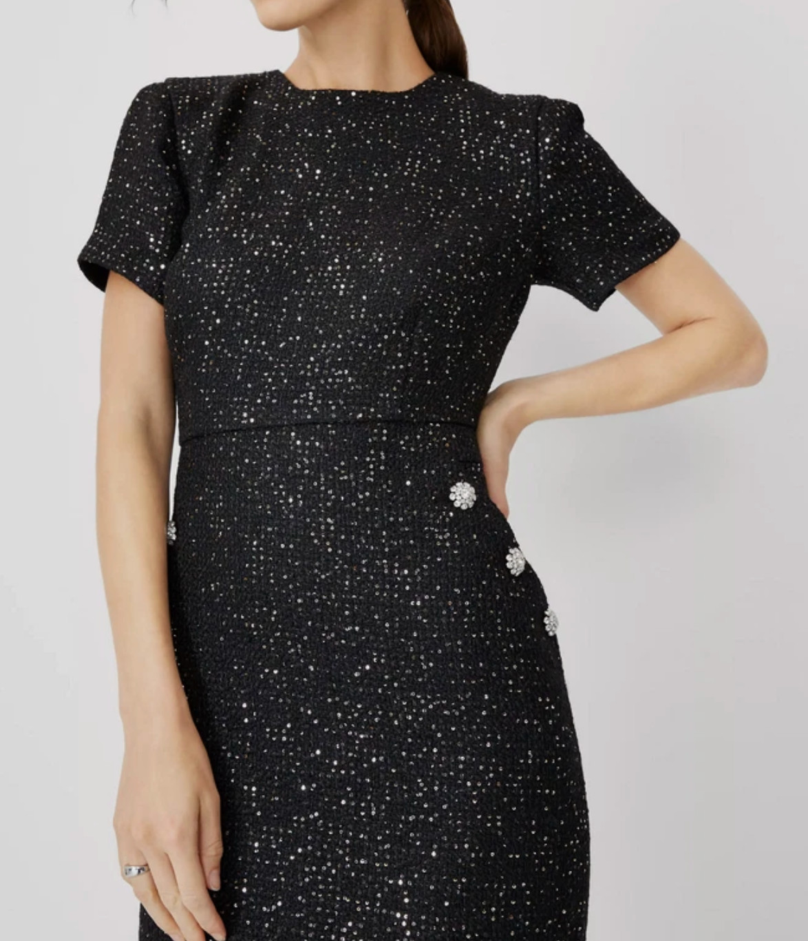 NEW ANN TAYLOR BLACK SPARKLE BUTTON TRIM SEQUIN TWEED DRESS SZ 2