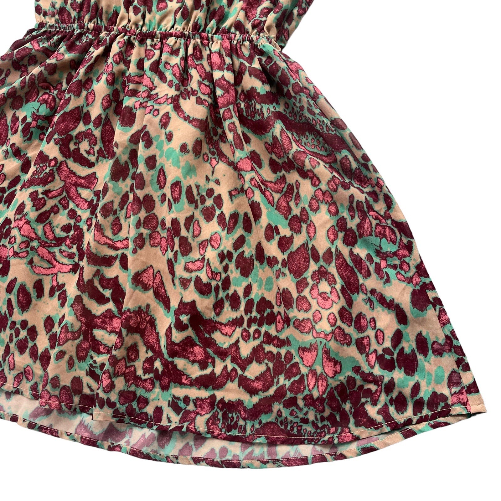 Miss Me Womens Size Medium Tan Teal Pink Animal Abstract Pattern Tank Mini Dress
