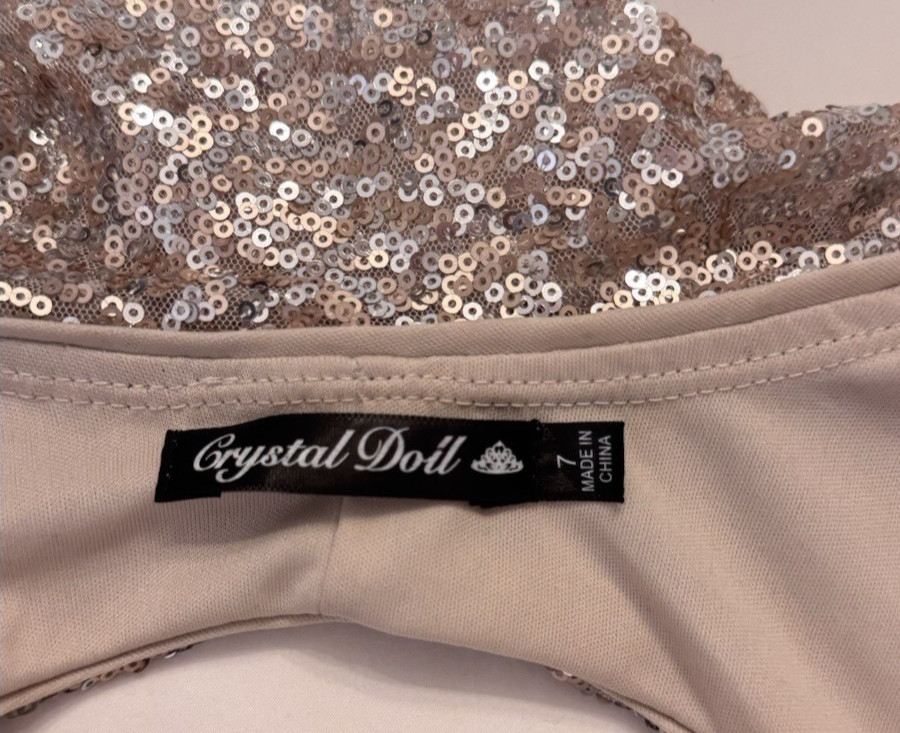 Crystal Doll Jr Size 7 Rose Gold Silver Sequin Maxi Gown Open Back Party Dress