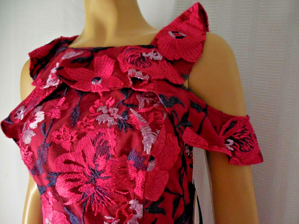 HALSTON Dress size 2 Raspberry red embroidered Party Cocktail ruffles NWT