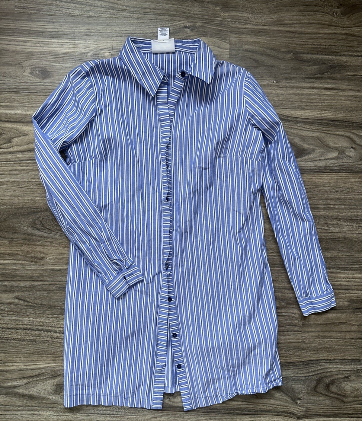 Long Button Up Shirt Dress Womens XS Blue Striped Collared Tunic Blouse Tops