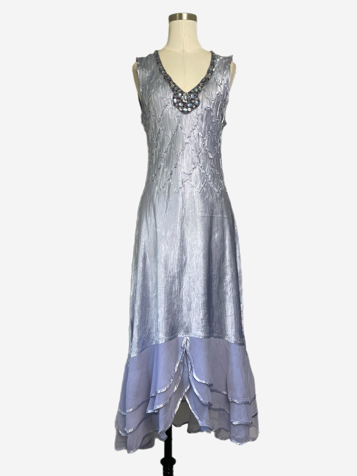 Komarov Blue gray charmeuse beaded layered slip dress 1920s delicate dreamy L