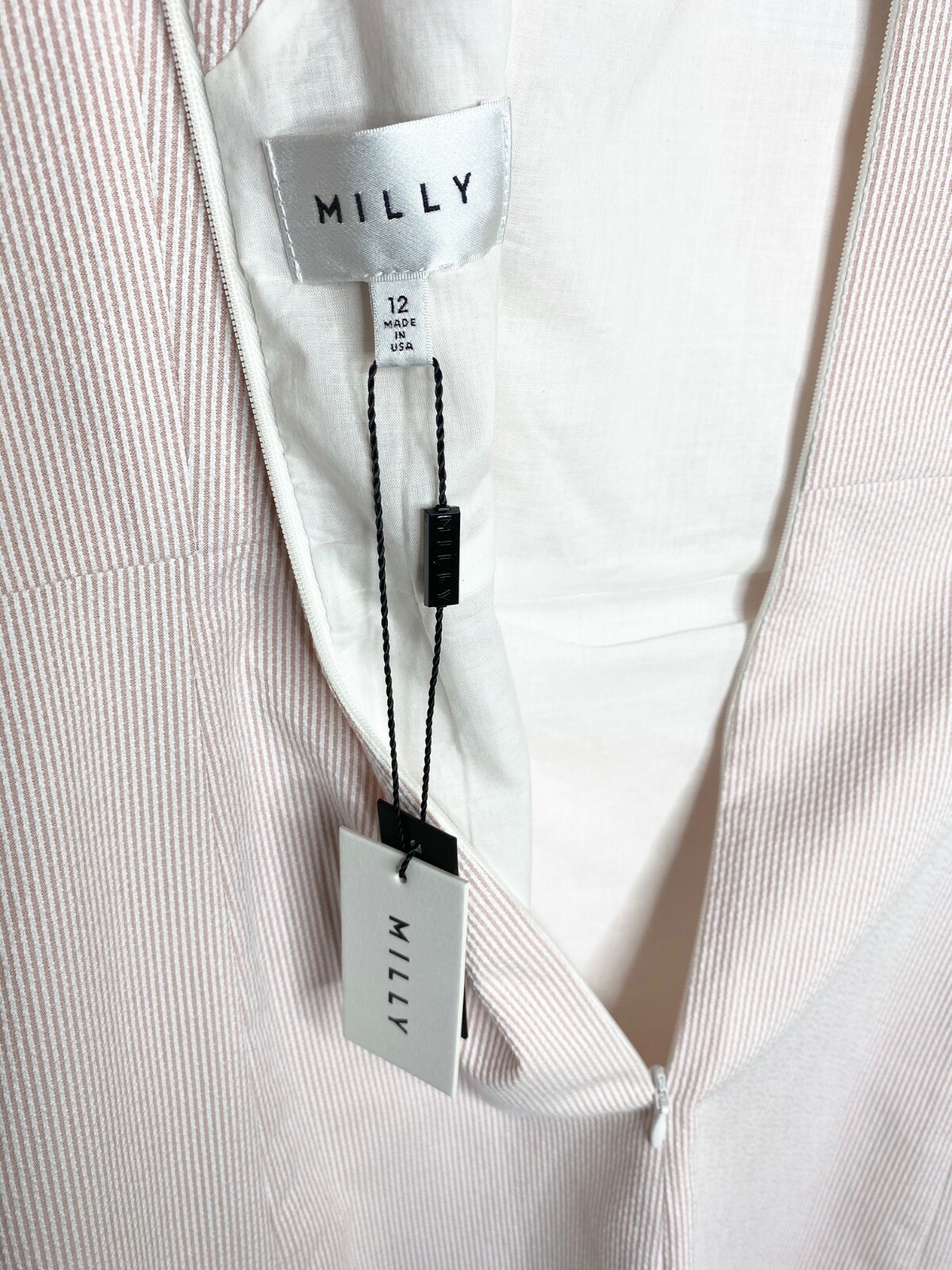 MILLY Pink White Pin-Stripe Italian Seersucker Shift Sheath Mini Dress 12 US