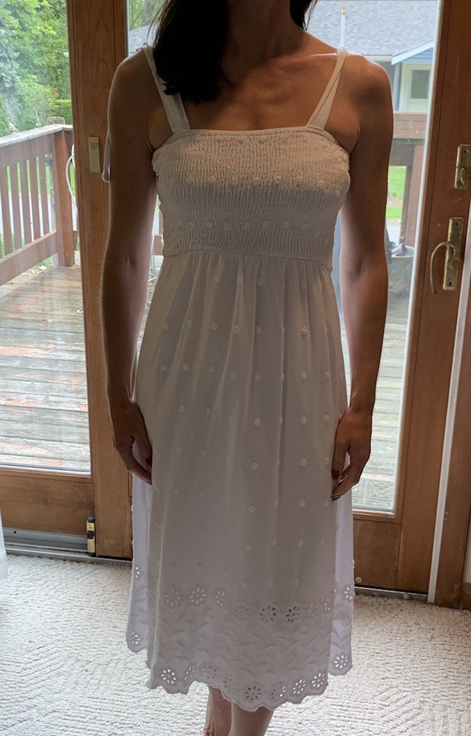 White summer long cotton eyelet dress tie sleeveless scalloped design edge Sm