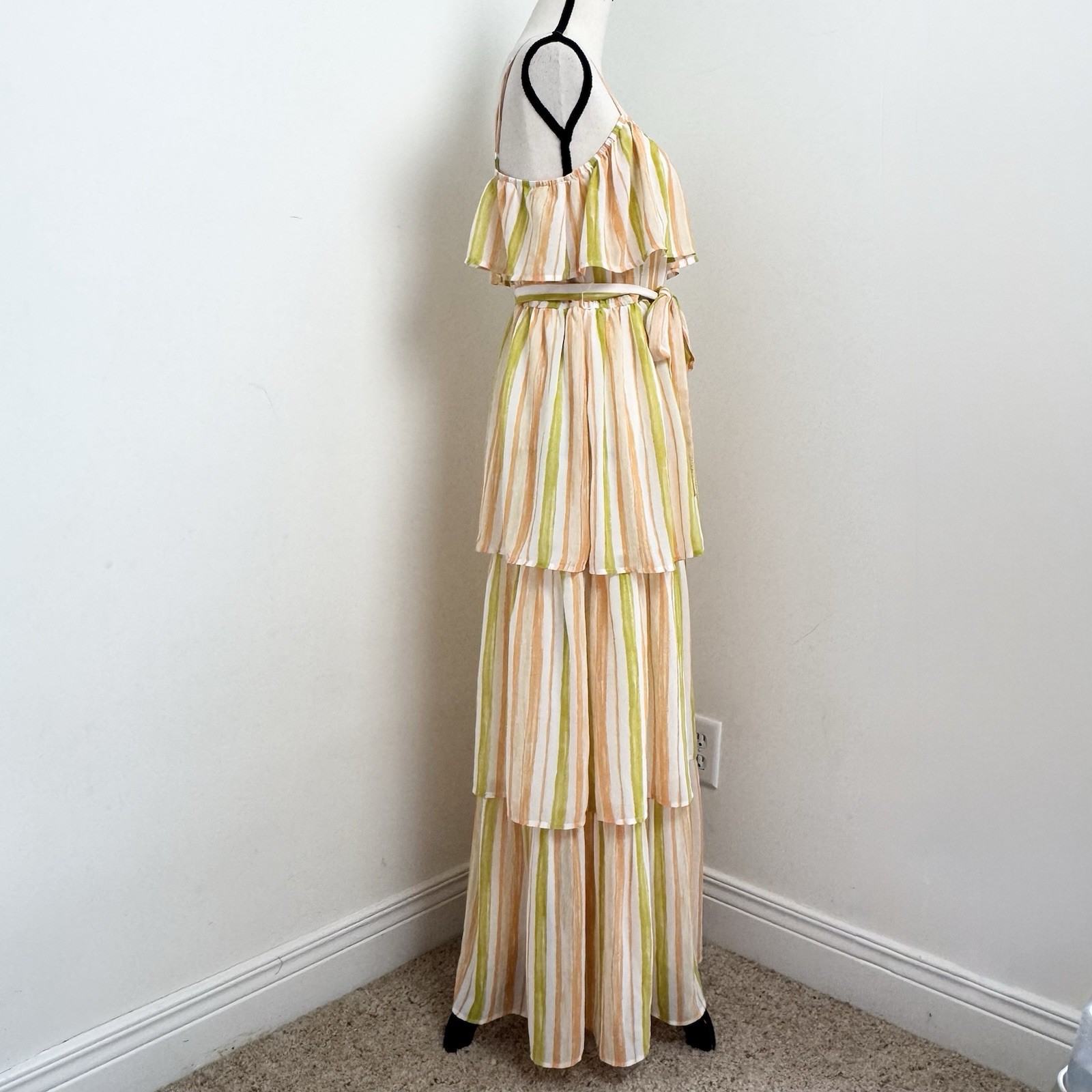Evolutionary Ruffle Tiered Striped Maxi Dress XL Chiffon Boho Resort Coastal