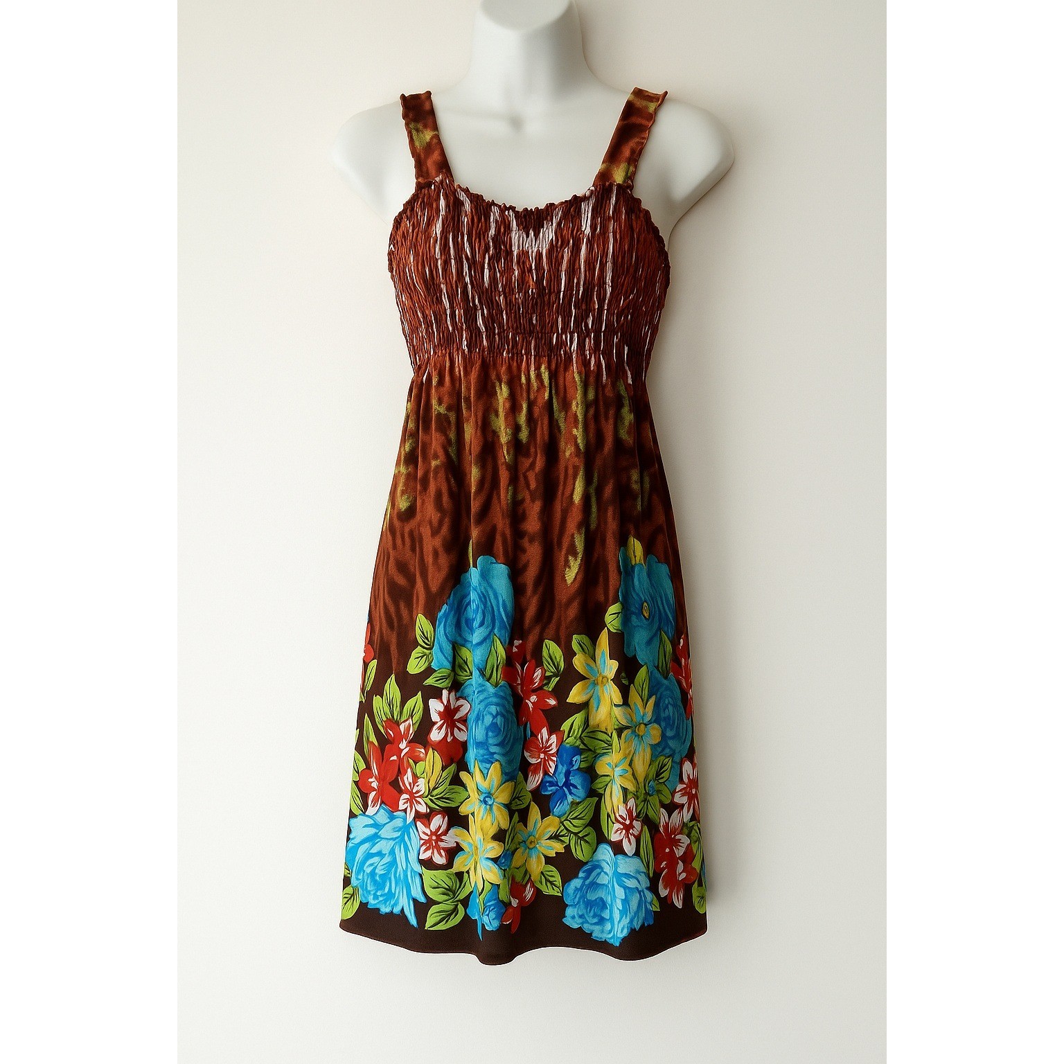 Sundress Medium Smocked Bust Floral Tropical Hippie Retro Classic Beach READ