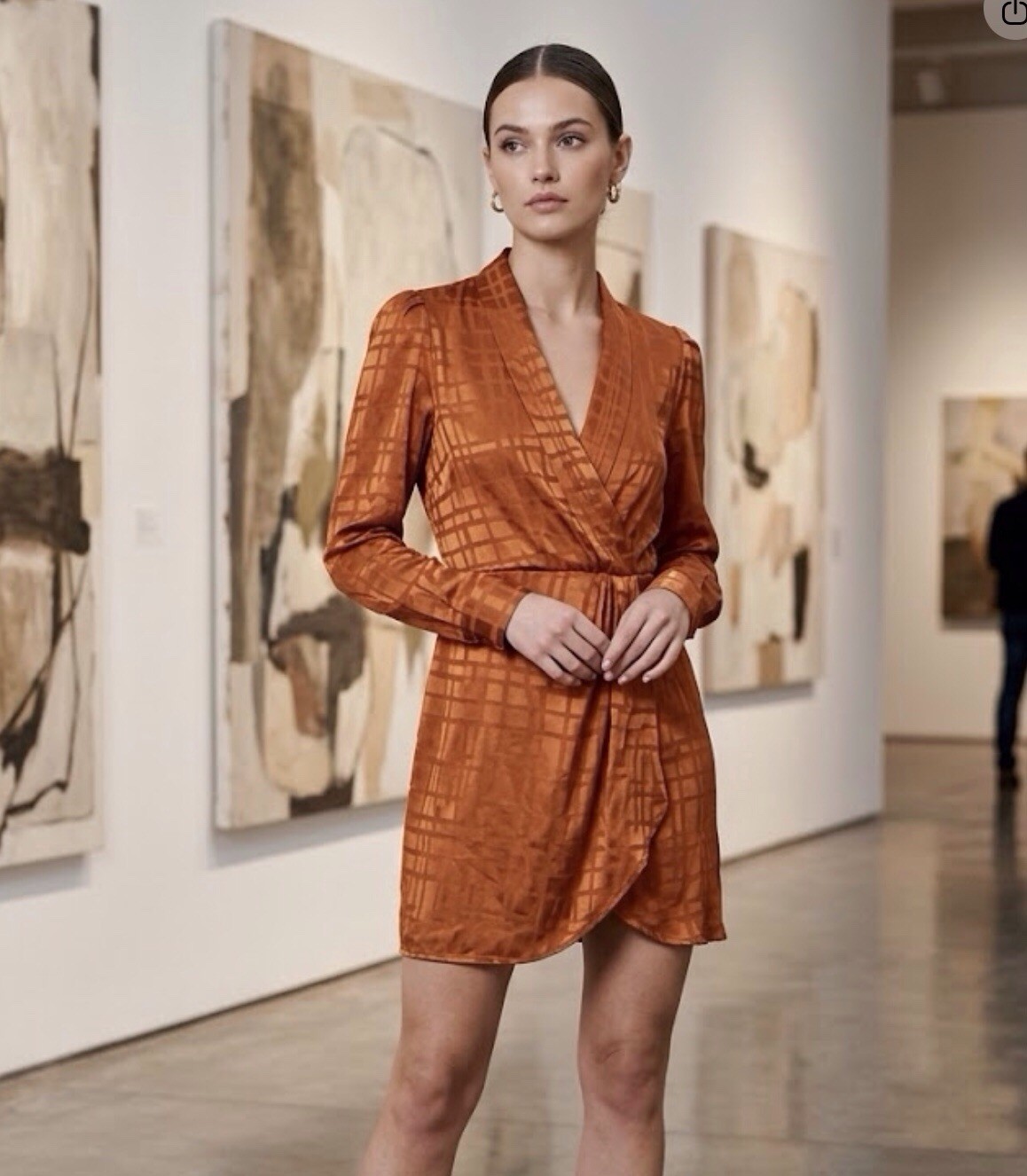 Zara Silky Satin Orange Button Front Faux Wrap Mini Long Sleeve Dress Sz L