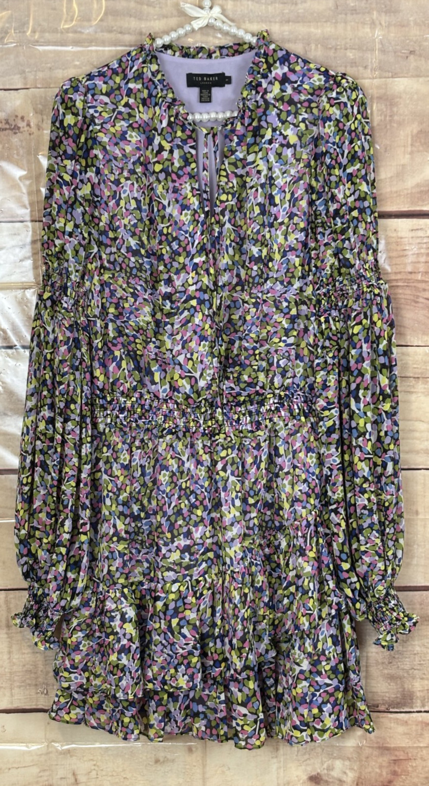 Ted Baker Women 1/US 2-4 Chiffon Mini Dress Ruffled Skirt Smocked Waist/Sleeves