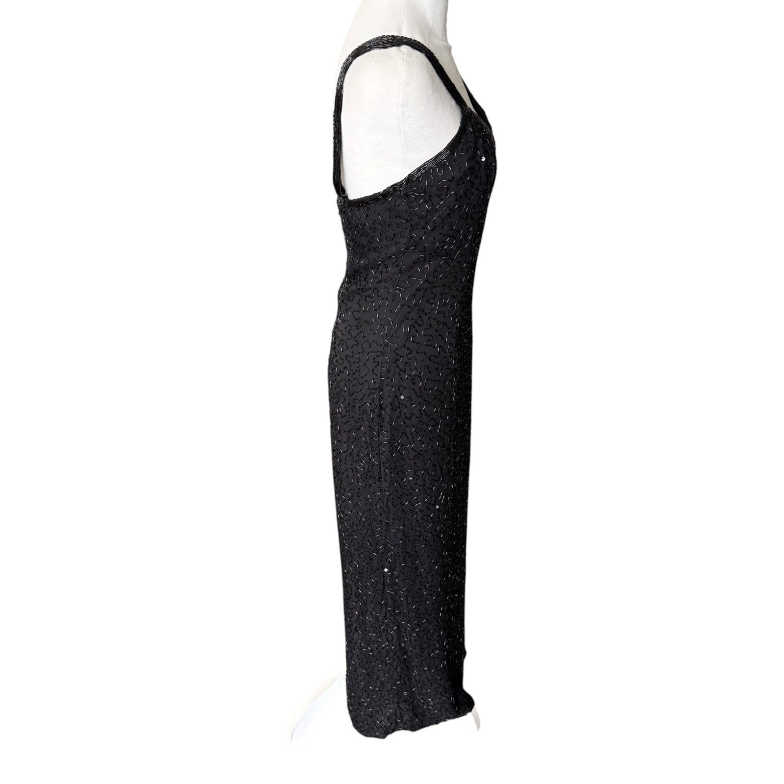 Vintage Scala 100% Silk Black Beaded Evening Gown Strappy Tank Bodycon Dress M