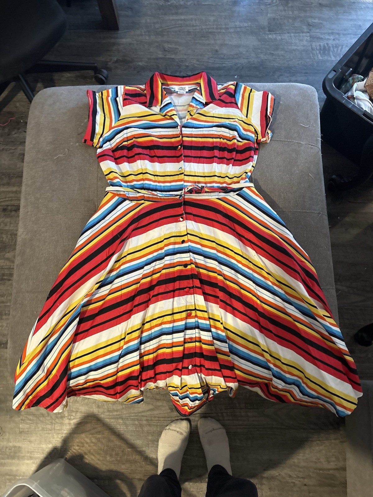 Unique Vintage Multicolor Striped Collared Button-Front Fit & Flare Dress 2XL