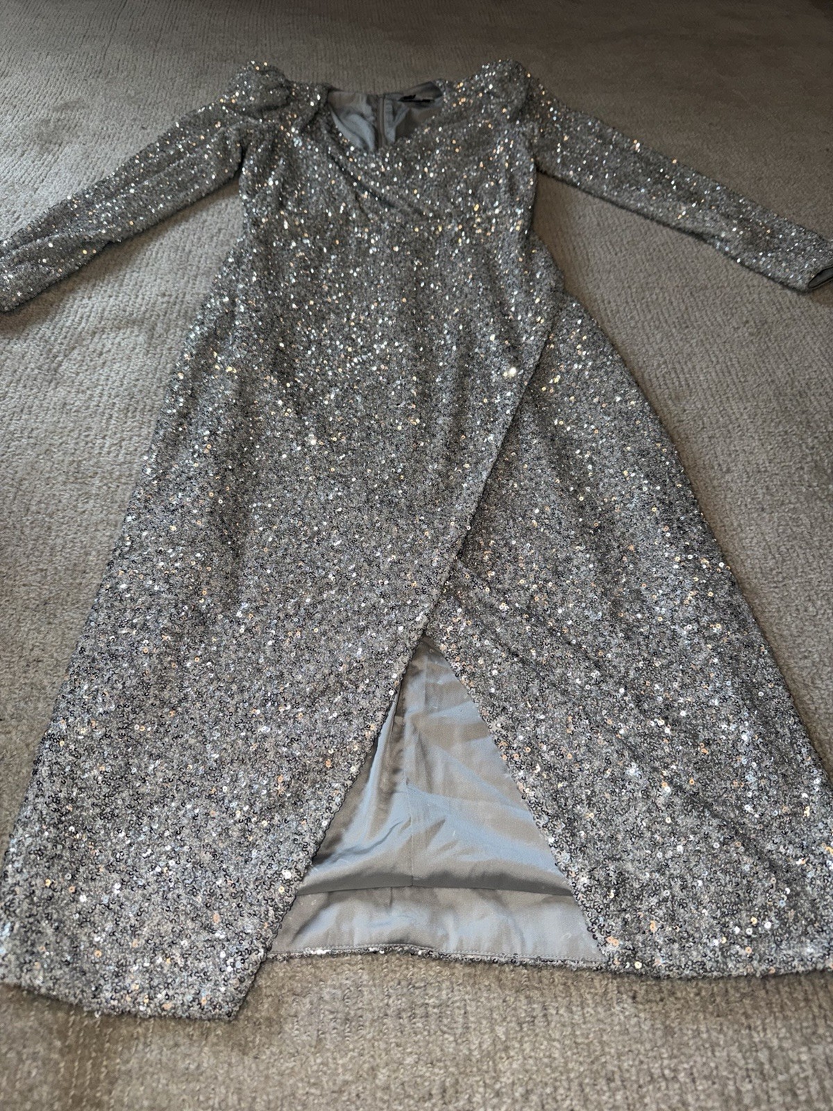 & Other Stories Silver Sequin V-Neck Wrap Midi Dress – Long Sleeve | Size 6