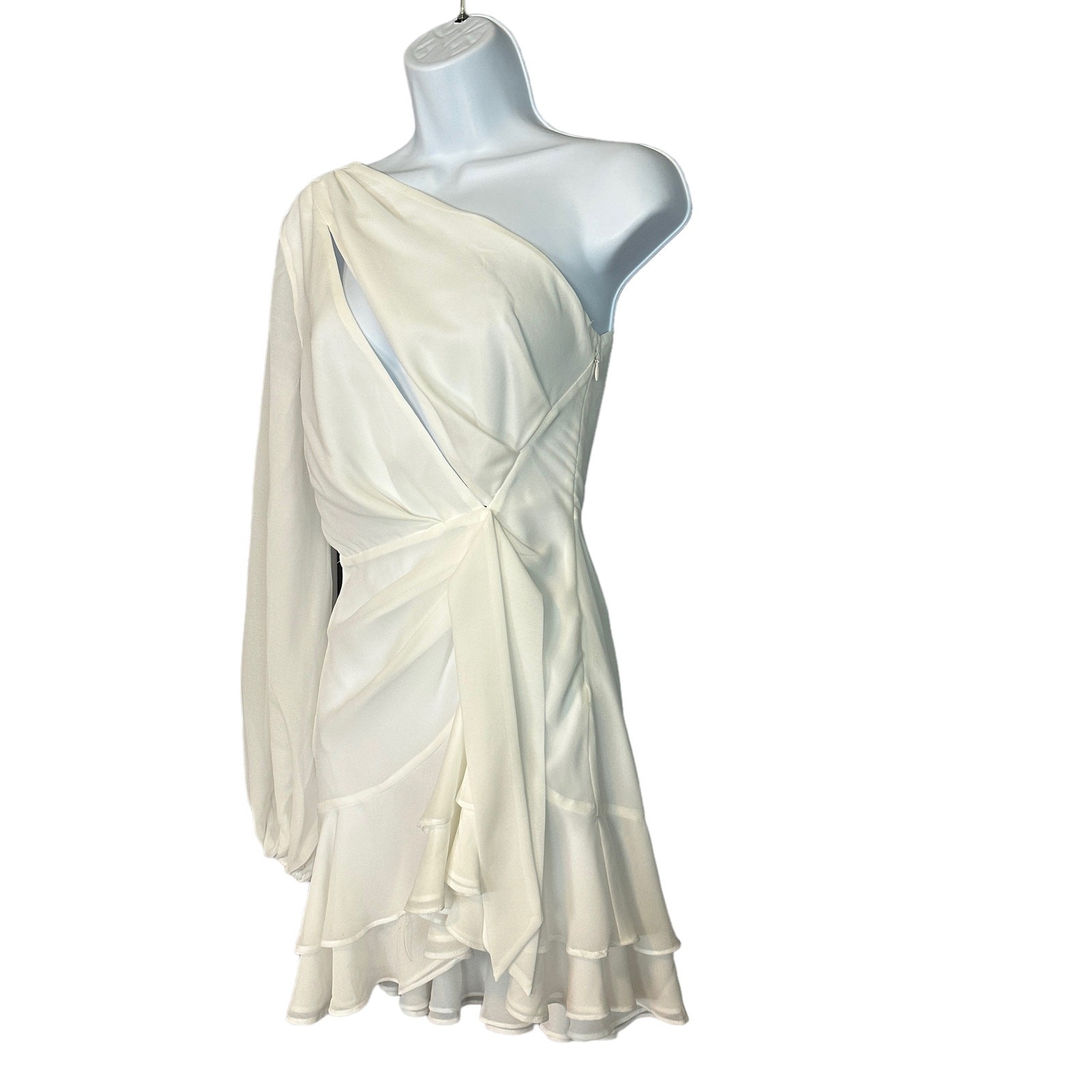 Michael Costello White One Shoulder Mini Dress XS Chiffon Ruched Ruffle $248 NEW