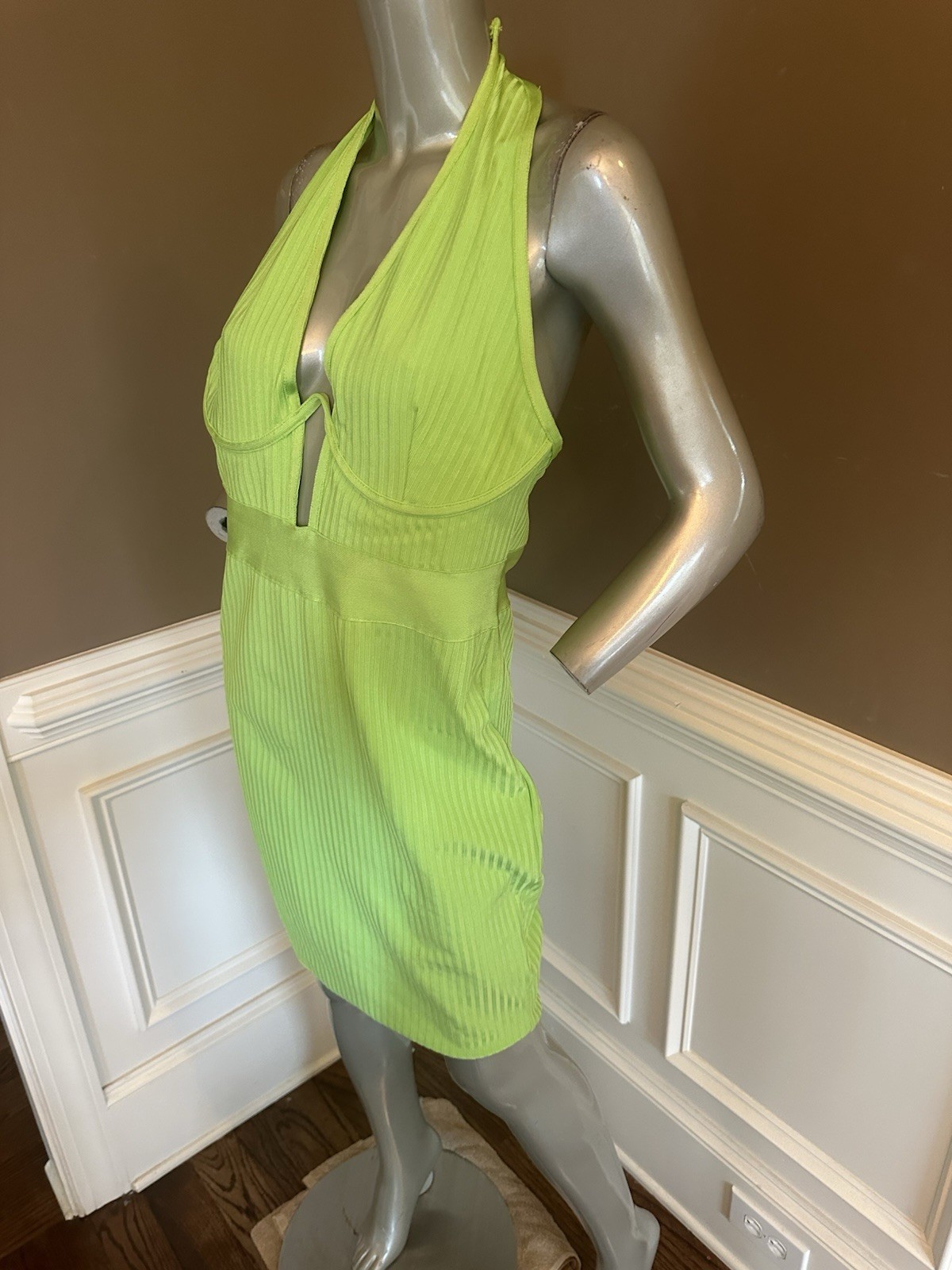 NWT FASGION NOVA Lime Green Plunge Halter Bandage Ribbed Midi Dress Sz XL