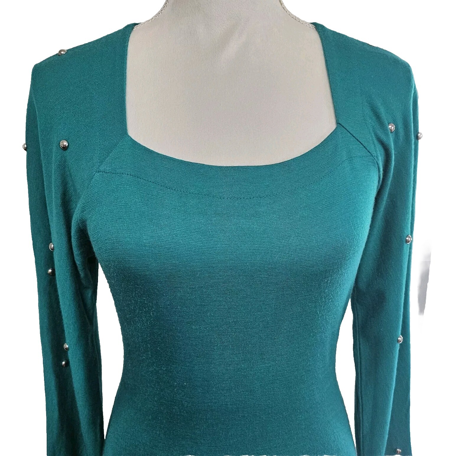 Vintage 90s Retro Marnie West Green Silver Studded Sleeves Bodycon Dress Size M