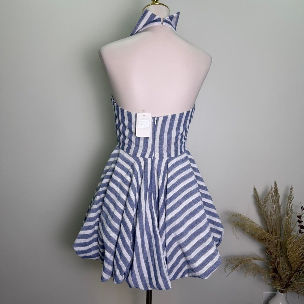 Luxxel S Blue & White Stripe Tie-Front Halter Bubble Mini Dress