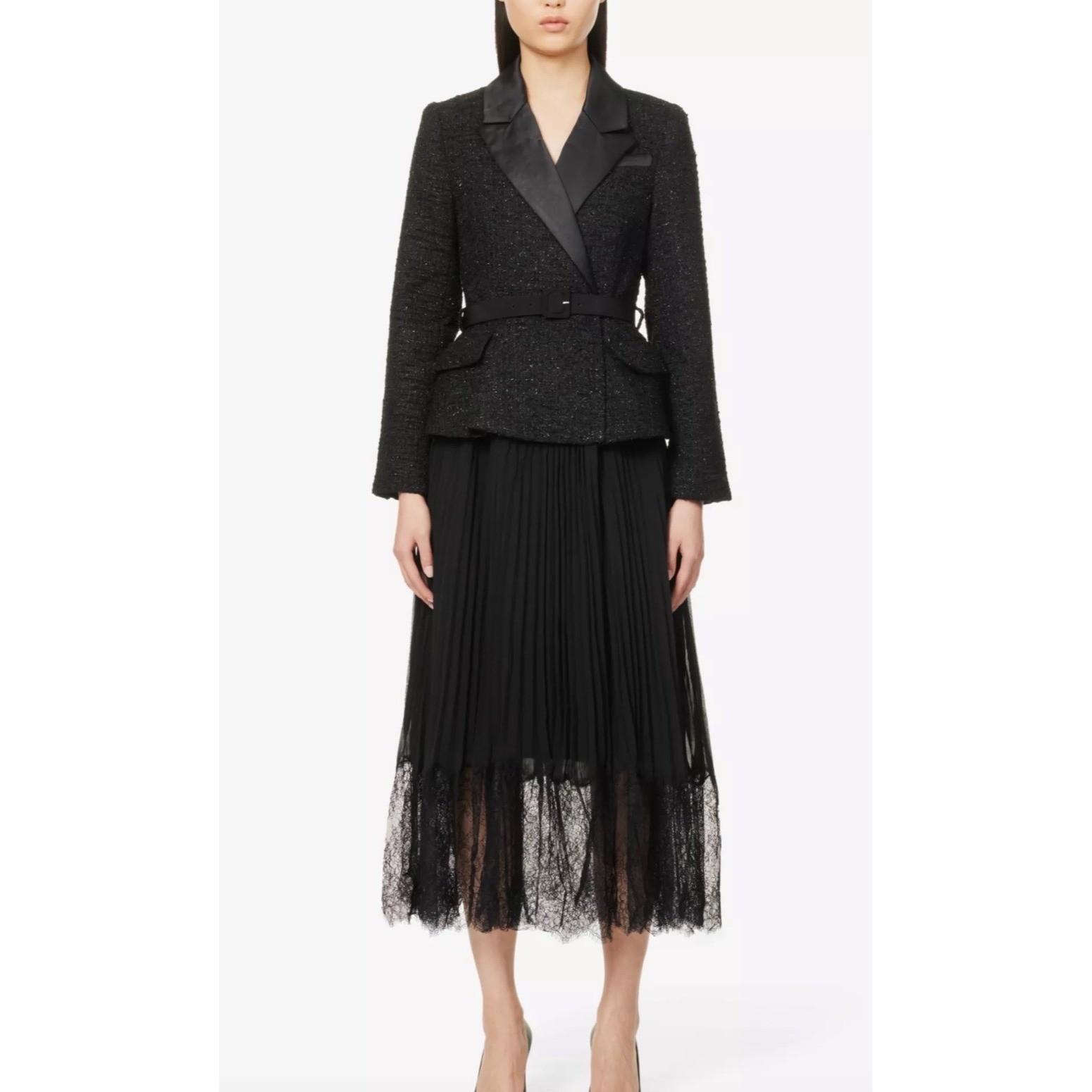 Self Portrait Black Tinsel Boucle Midi Dress with Belt Size 4 NWT $660