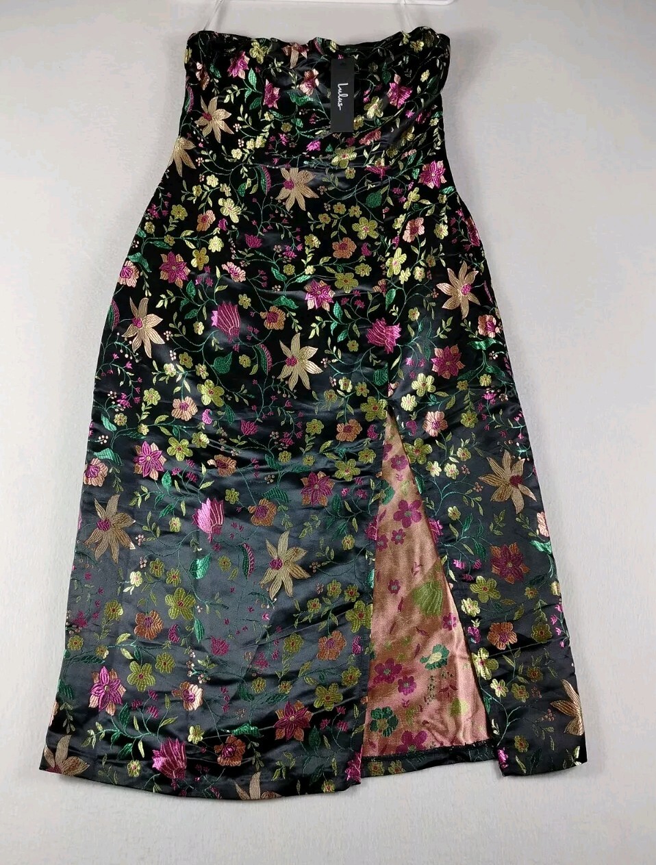 Lulus Midi Dress Women Medium Make a Move Black Satin Floral Jacquard Strapless